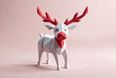 The primary subject of the image is a paper cutout of a reindeer. The reindeer is standing on a pink surface, which serves as the setting or background. The visual style of the image is a combination of digital art and illustration, as it is a paper cutout of a reindeer. The colors and mood of the image are predominantly pink, which gives it a warm and inviting atmosphere.